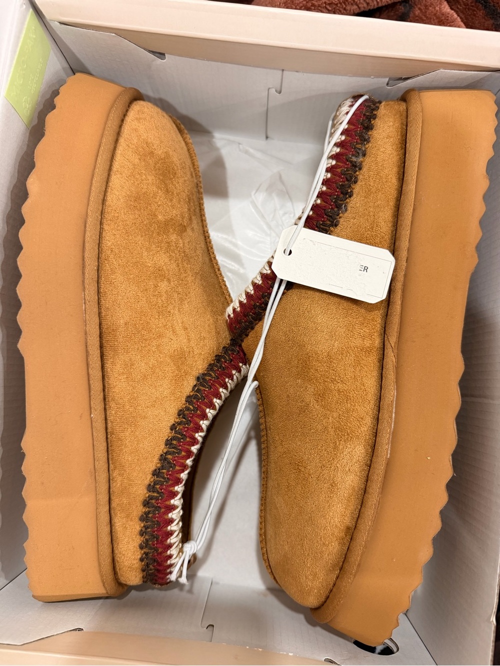 Altar'd State Tan Suede Platform Slip-On Slippers with Red Trim